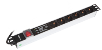 Listwa zasilająca BKT 19", 6xDIN 49440(schuko), wtyk DIN 49441(unischuko) 16A/250V, wyłącznik podświetlany czerwony z zaślepką + moduł przeciwprzepięciowy z filtrem